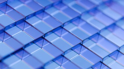 Poster - Abstract 3D motion graphic loop featuring translucent blue glass prisms or blocks arranged in an intricate geometric pattern, with subtle light refractions, ideal for technology and data themes.
