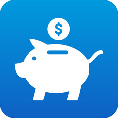 Poster - White piggy bank with a dollar coin being inserted into its slot on a blue background