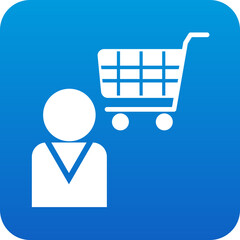 Poster - Simple white silhouette of a person standing next to a shopping cart on a blue gradient background