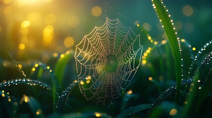 Glistening spiderweb dew drops morning light image