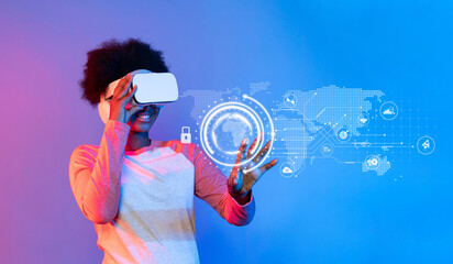 Poster - A young individual explores a virtual reality headset, engaging with dynamic data visuals that represent analytics and strategic financial planning in today digital landscape. XDMCP