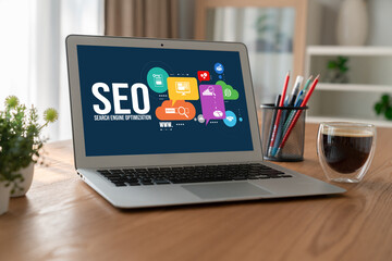 Poster - SEO search engine optimization for modish e-commerce and online retail business showing on computer screen