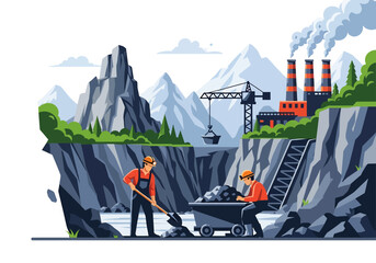 Wall Mural - Adobe illustrator flat style illustration of a massive coal mining operation with an excavator, dump truck, a worker, and a factory with smokestacks. Ideal for heavy industry mining  themes