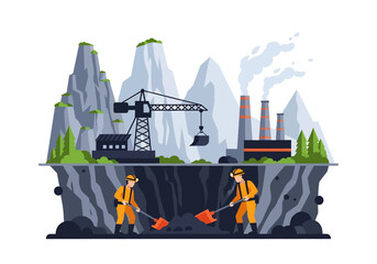 Wall Mural - Adobe illustrator flat style illustration of a massive coal mining operation with an excavator, dump truck, a worker, and a factory with smokestacks. Ideal for heavy industry mining  themes