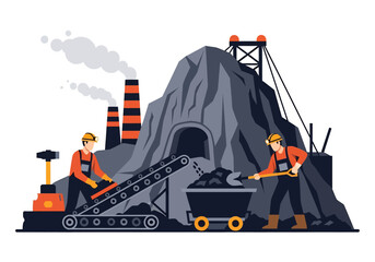 Wall Mural - Adobe illustrator flat style illustration of a coal miner shoveling coal onto a conveyor belt from a large pile, with a factory building and power lines in the background. Ideal for mining industry