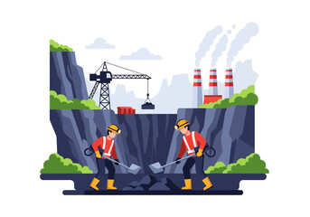 Wall Mural - Adobe illustrator flat style illustration of a massive coal mining operation with an excavator, dump truck, a worker, and a factory with smokestacks. Ideal for heavy industry mining  themes