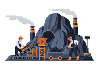 Wall Mural - Adobe illustrator flat style illustration of a coal miner shoveling coal onto a conveyor belt from a large pile, with a factory building and power lines in the background. Ideal for mining industry