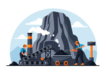 Wall Mural - Adobe illustrator flat style illustration of a coal miner shoveling coal onto a conveyor belt from a large pile, with a factory building and power lines in the background. Ideal for mining industry