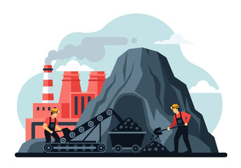 Wall Mural - Adobe illustrator flat style illustration of a coal miner shoveling coal onto a conveyor belt from a large pile, with a factory building and power lines in the background. Ideal for mining industry