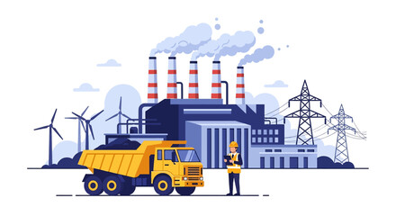 Wall Mural - Adobe illustrator flat style illustration of a coal mining and power generation plant with an excavator, dump truck, industrial buildings, smokestacks, and wind turbines. Ideal for energy and industry