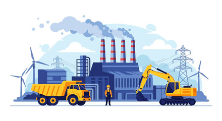 Wall Mural - Adobe illustrator flat style illustration of a coal mining and power generation plant with an excavator, dump truck, industrial buildings, smokestacks, and wind turbines. Ideal for energy and industry