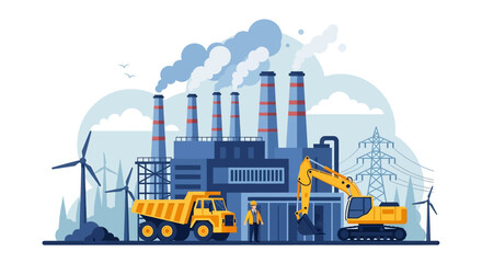 Wall Mural - Adobe illustrator flat style illustration of a coal mining and power generation plant with an excavator, dump truck, industrial buildings, smokestacks, and wind turbines. Ideal for energy and industry
