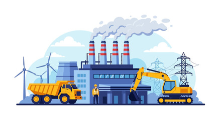 Wall Mural - Adobe illustrator flat style illustration of a coal mining and power generation plant with an excavator, dump truck, industrial buildings, smokestacks, and wind turbines. Ideal for energy and industry