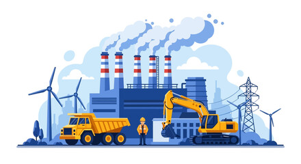 Wall Mural - Adobe illustrator flat style illustration of a coal mining and power generation plant with an excavator, dump truck, industrial buildings, smokestacks, and wind turbines. Ideal for energy and industry