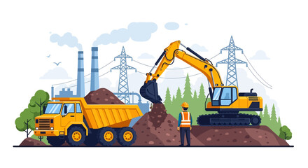 Wall Mural - Adobe illustrator flat style illustration of a large coal mining operation with an excavator loading coal into a dump truck, and a factory in the background. Ideal for heavy industry and mining themes