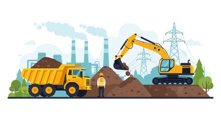 Wall Mural - Adobe illustrator flat style illustration of a large coal mining operation with an excavator loading coal into a dump truck, and a factory in the background. Ideal for heavy industry and mining themes