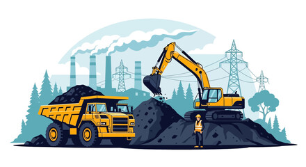 Wall Mural - Adobe illustrator flat style illustration of a large coal mining operation with an excavator loading coal into a dump truck, and a factory in the background. Ideal for heavy industry and mining themes