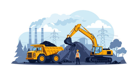Wall Mural - Adobe illustrator flat style illustration of a large coal mining operation with an excavator loading coal into a dump truck, and a factory in the background. Ideal for heavy industry and mining themes