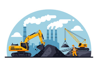 Wall Mural - Adobe illustrator flat style illustration of a large coal mining operation with an excavator loading coal into a dump truck, and a factory in the background. Ideal for heavy industry and mining themes