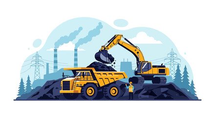 Wall Mural - Adobe illustrator flat style illustration of a large coal mining operation with an excavator loading coal into a dump truck, and a factory in the background. Ideal for heavy industry and mining themes