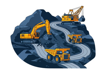 Wall Mural - Adobe illustrator flat style illustration of an open-pit mine with an excavator loading dump trucks on a winding road. Ideal for mining, excavation, and industrial themes