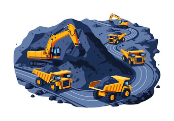 Wall Mural - Adobe illustrator flat style illustration of an open-pit mine with an excavator loading dump trucks on a winding road. Ideal for mining, excavation, and industrial themes