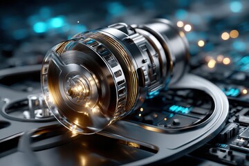 Poster - Modern technology meets creativity in a close-up of a sleek film camera lens and digital elements