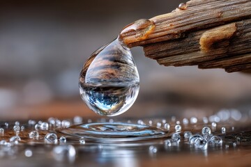 Poster - Nature's drop balances on a wooden branch, reflecting the world below it