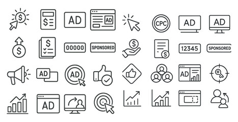 Poster - Collection of advertising icons and symbols. Some of the icons include a dollar sign, a thumbs up, a mouse, and a person. Scene is that of a business or marketing environment