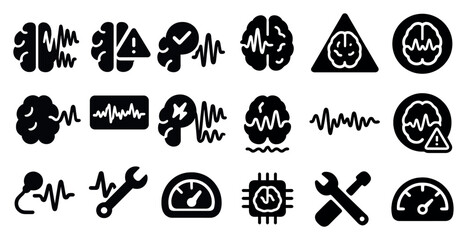 Poster - Collection of black and white icons that represent various aspects of technology and engineering. The icons include a wrench, a computer, a brain, and a heart. Scene is one of innovation