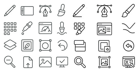 Poster - Set of icons for a drawing program. Some of the icons include a pen, a brush, and a pencil