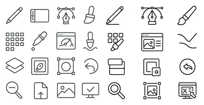 Set of icons for a drawing program. Some of the icons include a pen, a brush, and a pencil
