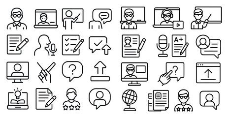 Poster - Collection of icons that represent various aspects of communication and technology. The icons include a computer, a microphone, a book, a globe, a person with a pen, and a person with a mouse