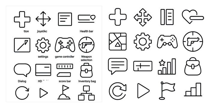 Collection of icons for a computer game. The icons include a gun, a cross, a heart, a bag, a flag, a speech bubble, a smiley face, a smiley face with a gun