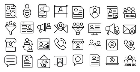 Poster - Collection of icons for various social media platforms and job opportunities. The icons include a heart, a phone, a laptop, a microphone, a camera, a shopping cart, a shopping bag, a book