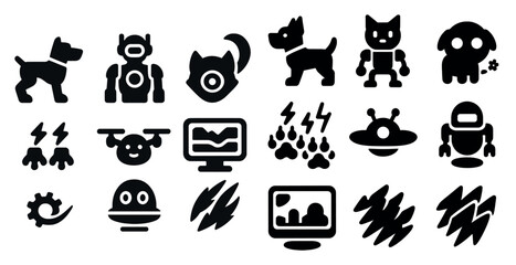 Poster - Collection of robot and animal icons. The icons include a dog, a cat, a robot, a dog robot, a robot dog, a robot cat, a robot dog robot, a robot cat robot, a robot dog robot cat