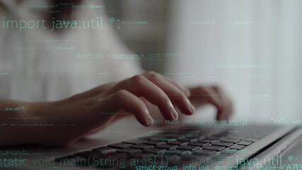 Poster - A focused individual types on a laptop keyboard, surrounded by digital code and data, representing modern programming and technology in a dynamic workspace setting. Xenic