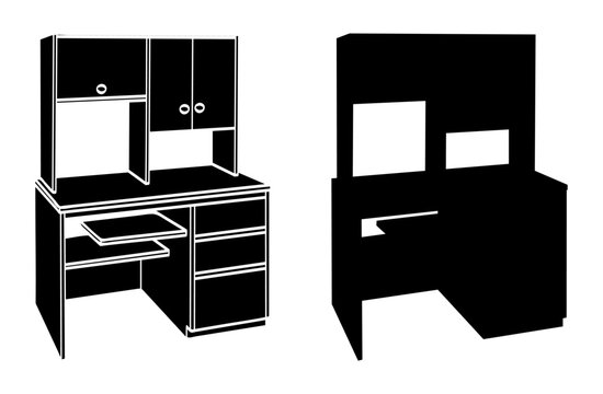 Computer desk with cabinet add-on. Single pedestal desk, black silhouette