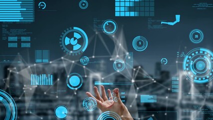 Poster - This image features a hand reaching out toward a futuristic digital interface filled with graphs and metrics, symbolizing technology, innovation, and data analysis. Xenic