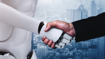 Poster - 3D rendering hominoid robot handshake to collaborate future technology development by AI thinking brain, artificial intelligence and machine learning process for 4th industrial revolution.