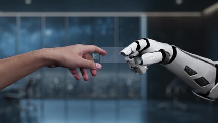 Poster - A human hand reaching out to a robotic hand over a transparent touchscreen displaying dynamic graphs, symbolizing collaboration in data analysis and technology integration. Auvana