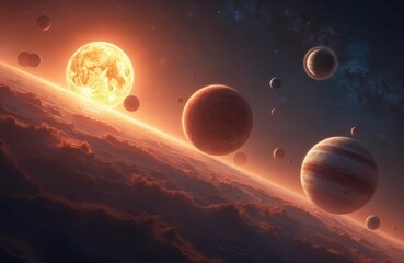 Wall Mural - Realistic illustration of solar system planets in orbit around bright sun. Features celestial bodies like Jupiter, Mars, planets, set against starry galaxy background. Vivid orange, red hues