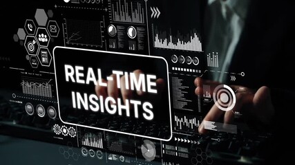 Poster - Business professional interacting with digital dashboard for real-time data analysis and insights using modern technology tools. Asymptotic smart data analytic.