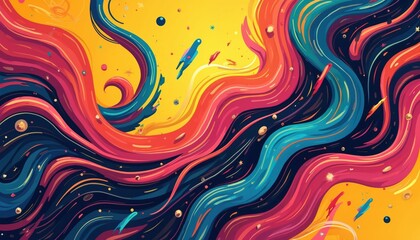 Poster - Vibrant abstract illustration with dynamic wavy lines in orange, blue, pink, yellow colors against dark background with small stars. Features abstract shapes, energetic strokes, reminiscent of fluid