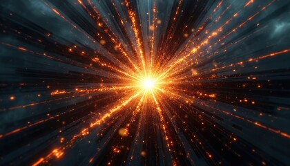 Poster - Abstract explosion of orange, yellow light particles radiates outwards with bright core. Dynamic pattern suggests motion, energy, like shockwave cosmic event against dark, misty background. Great for