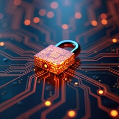 Poster - Digital padlock secured on glowing circuit board. Technology concept of cyber security, data protection, privacy, network defense, encryption, and system safety. Futuristic innovation safeguard.