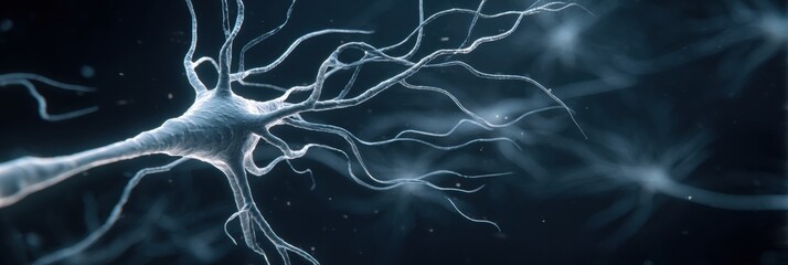 Poster - 3D Neuron Model Floating in Dark Space Showcasing Intricate Details and Connections of Nerve Cells in a Scientific Representation