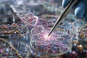 Poster - Scientific exploration of DNA with beads in petri dishes illustrates groundbreaking research