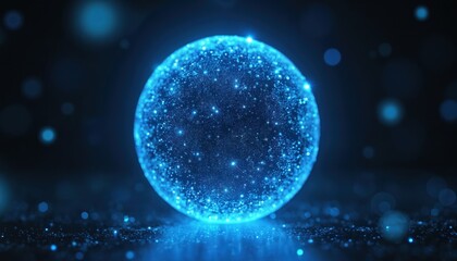 Poster - Glowing blue sphere representing advanced AI and quantum computing technology. Futuristic abstract visualization of cosmic network, cybernetic computation, and digital algorithms on a dark background.
