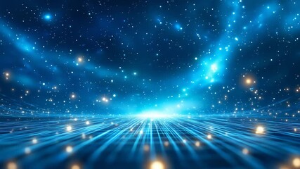Poster - Abstract technological background with glowing blue grid perspective, sparkling digital particles, starry cosmic atmosphere representing digital transformation, innovation, and connectivity